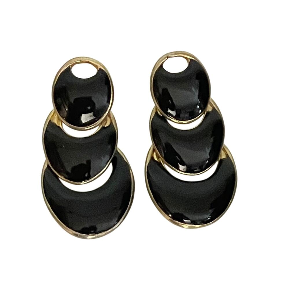 Vintage 90s TAT Gold Tone Black Enamel Post Earrings Dangle Tiered
